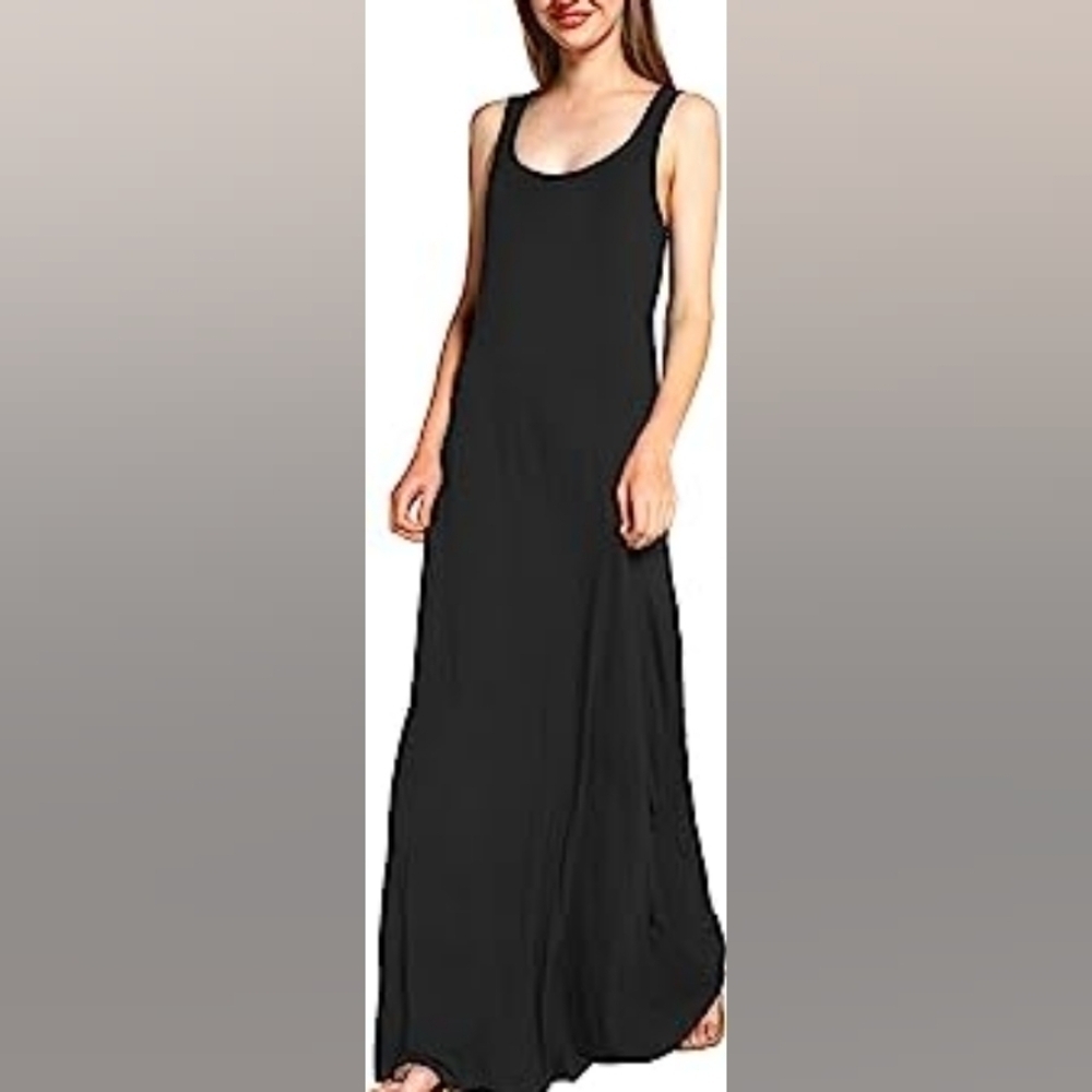Black Jersey Knit Sleeveless Maxi Dress Scoop Neckline Racer Back Ruffle Hem